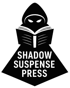 Hooded figure reading book, Shadow Suspense Press.