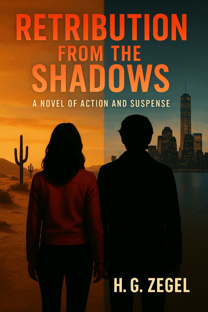 Silhouettes of a man and woman against a cityscape at dusk, evoking suspense.