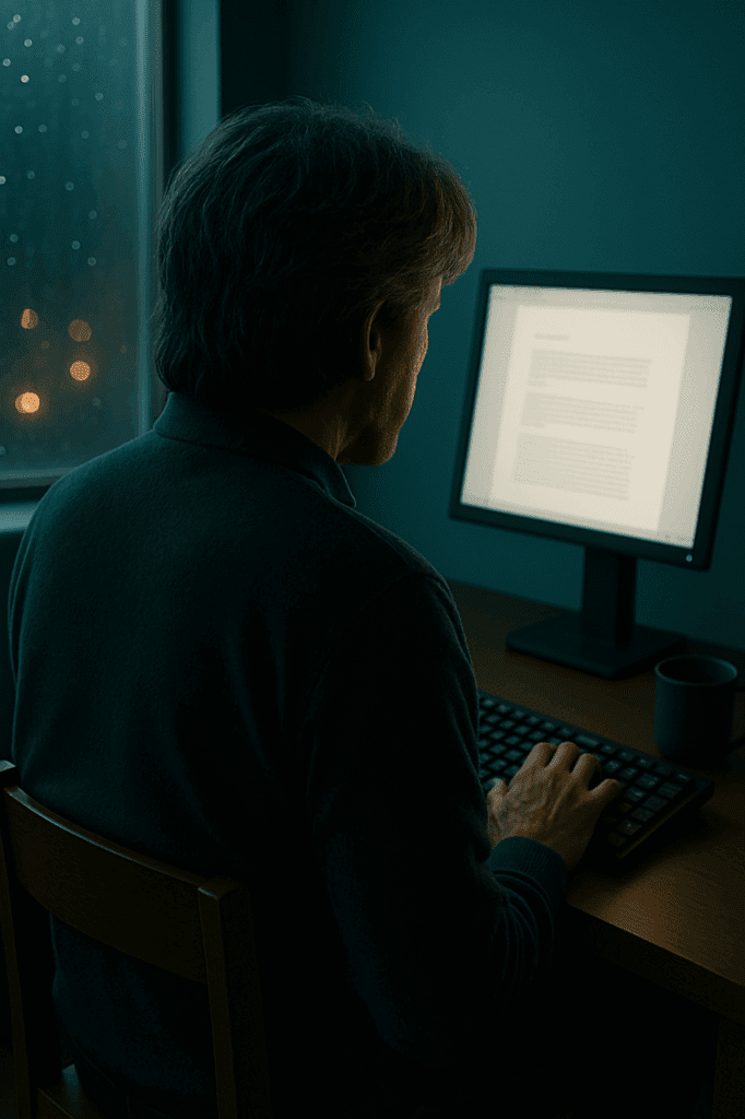 Person typing on a computer in a dimly lit room.
