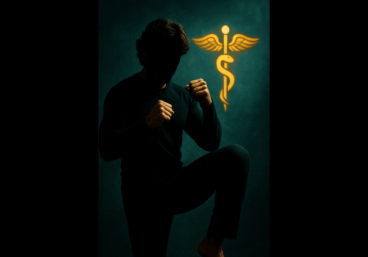Silhouetted martial artist poses with caduceus symbol glowing behind.