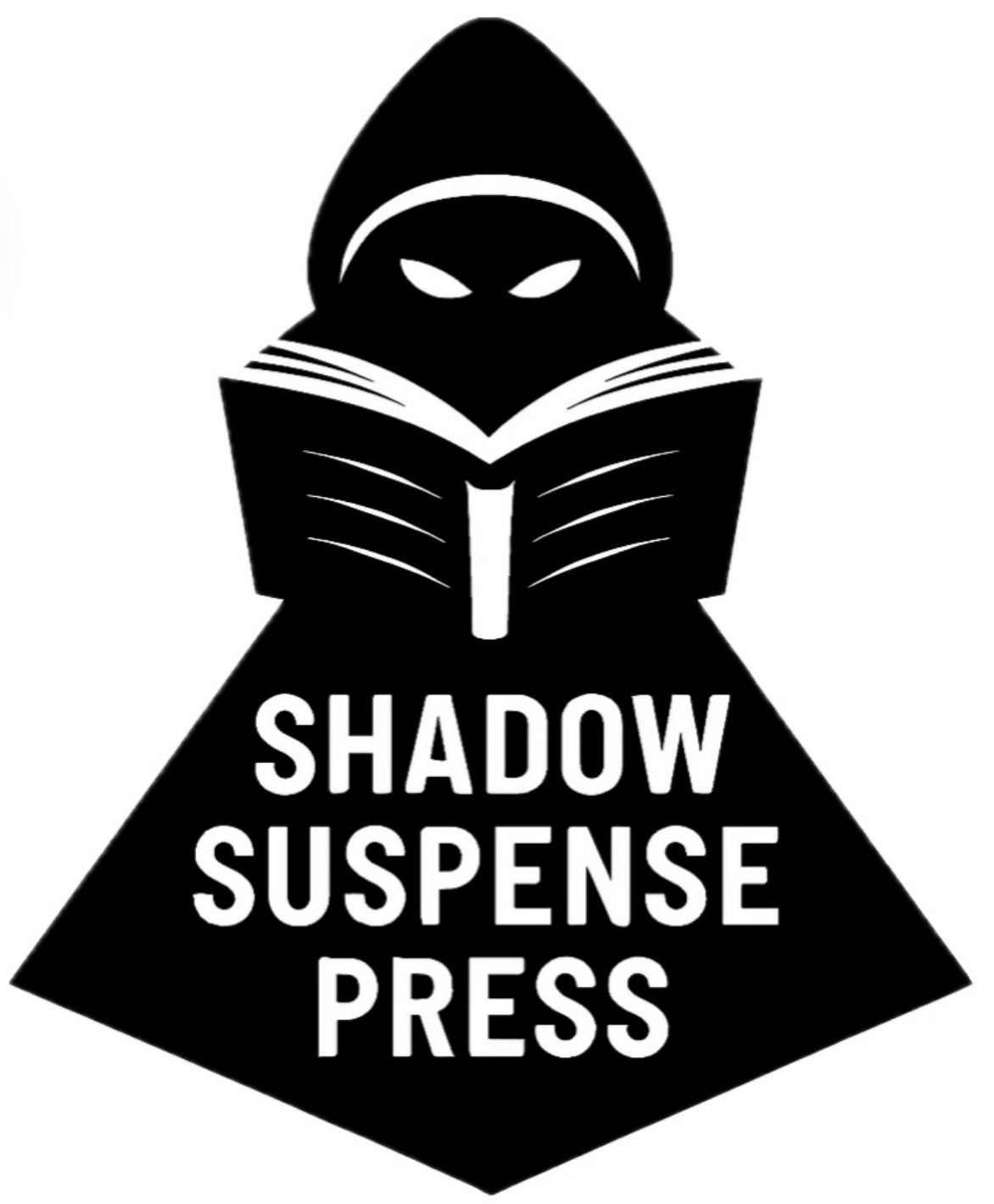 A mysterious hooded figure reading a book, symbolizing Shadow Suspense Press.